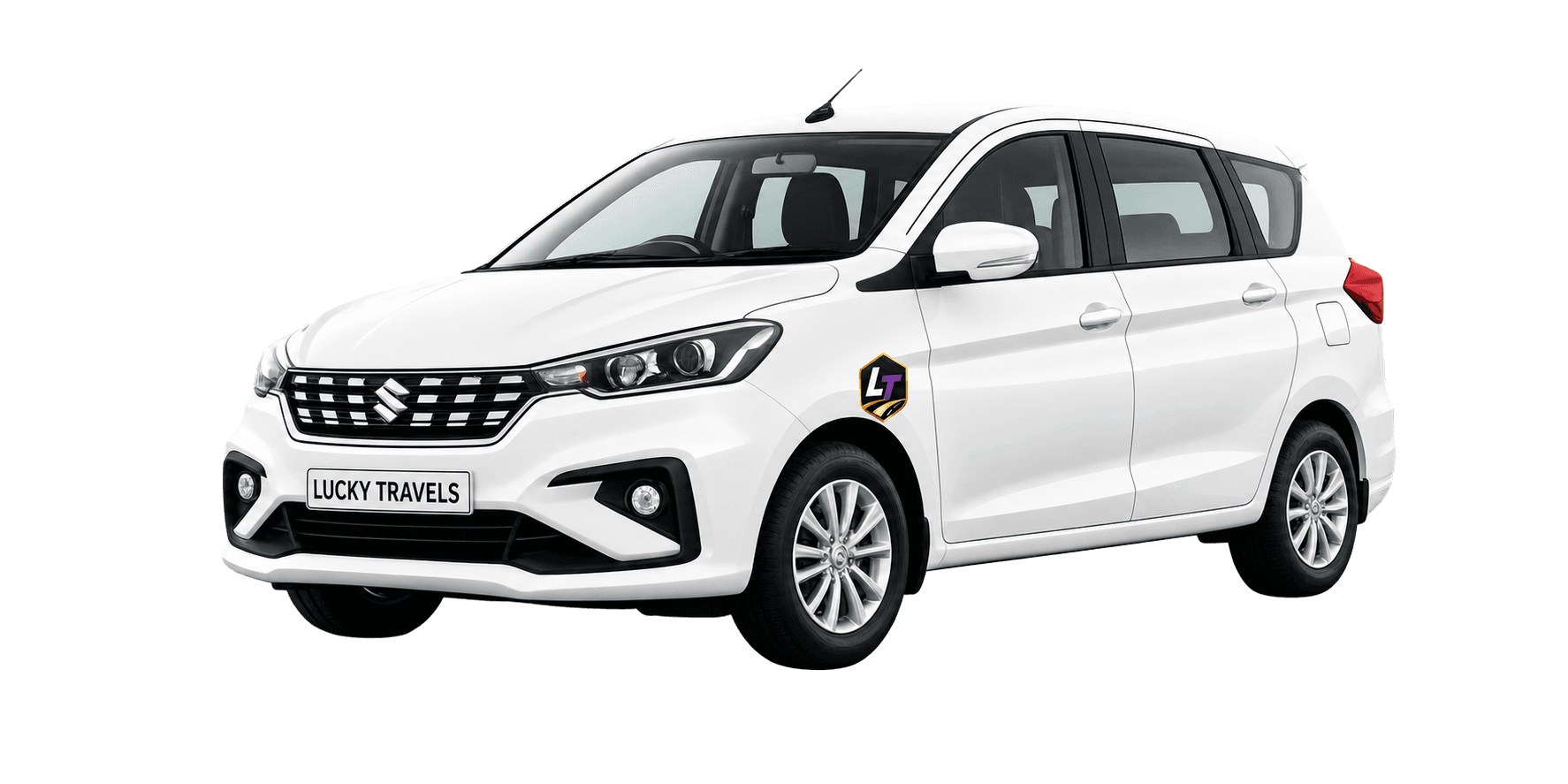 Lucky Travels white Premium Ertiga with branded number plate