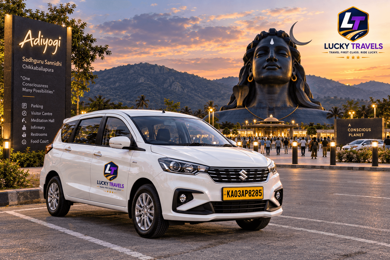 Go Bengaluru white Maruti Suzuki Ertiga parked at Adiyogi Sadhguru Sannidhi Chikkaballapura