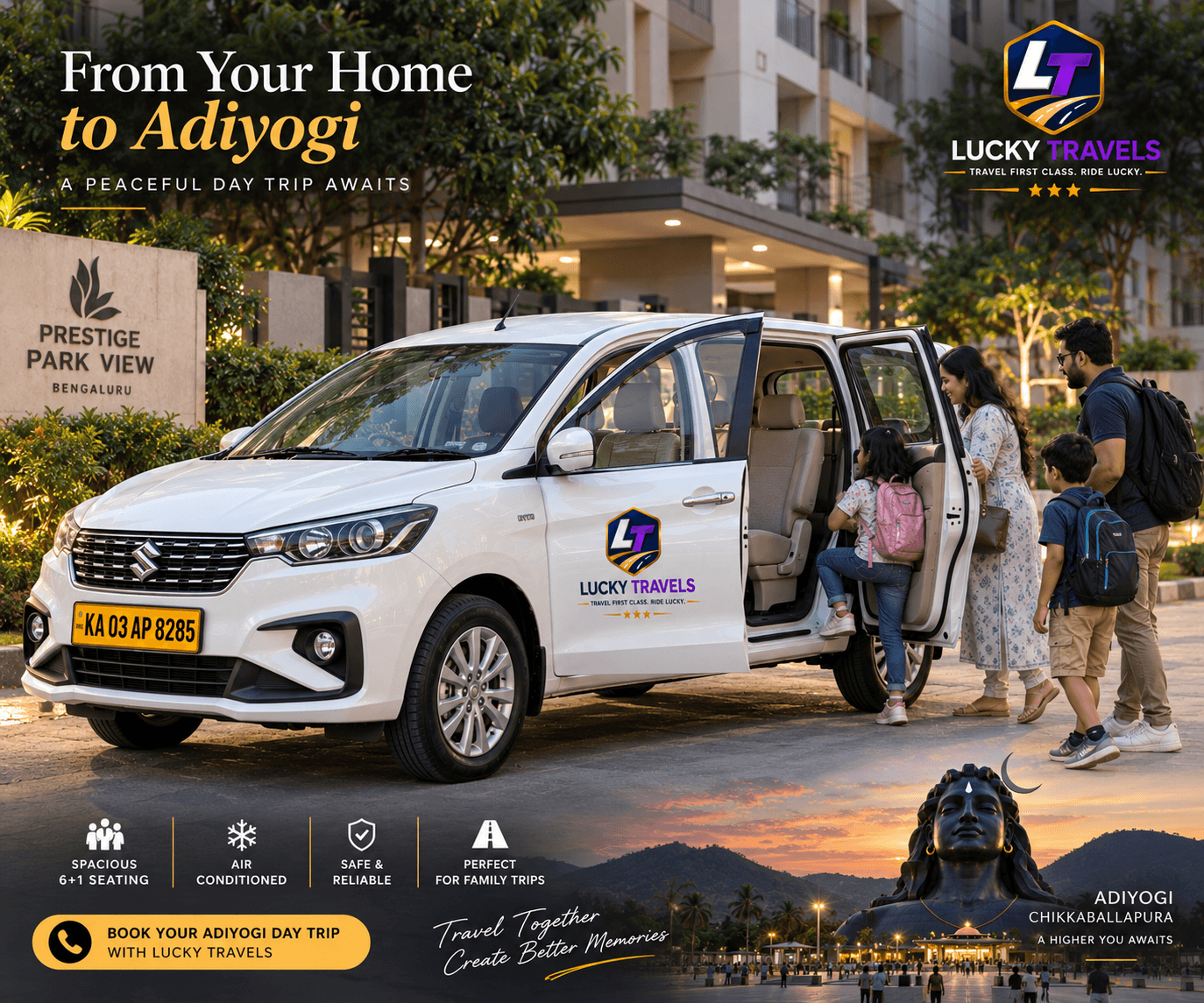 Clean 6+1 seating interior of Lucky Travels Maruti Ertiga ready for an evening family day trip to Adiyogi