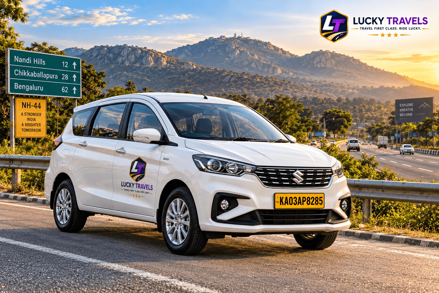 Lucky Travels white Maruti Ertiga taxi travelling smoothly on NH-44 highway towards Chikkaballapura