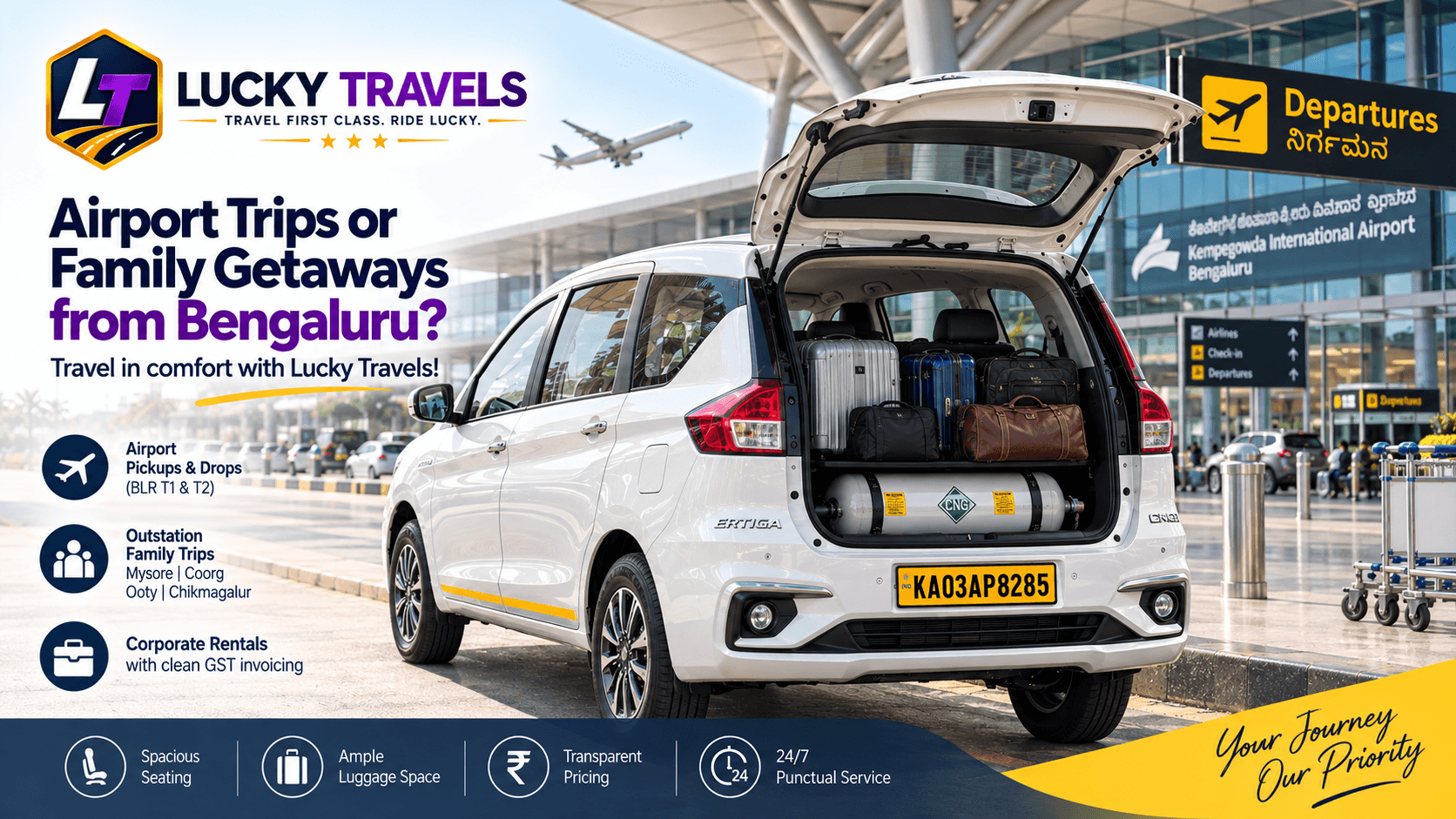 Go Bengaluru Maruti Ertiga airport cab parked at Kempegowda International Airport BLR departure curbside with luggage
