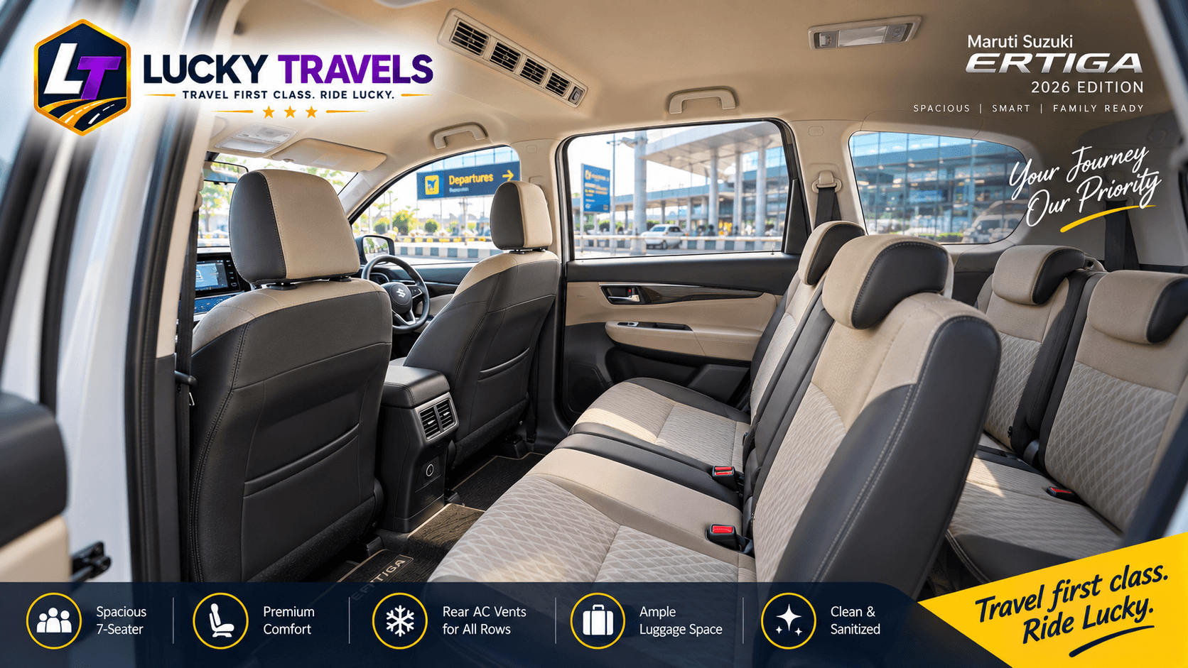 Clean, hygienic interior and spacious leatherette seats of Lucky Travels Ertiga 6+1 seater cab Bengaluru